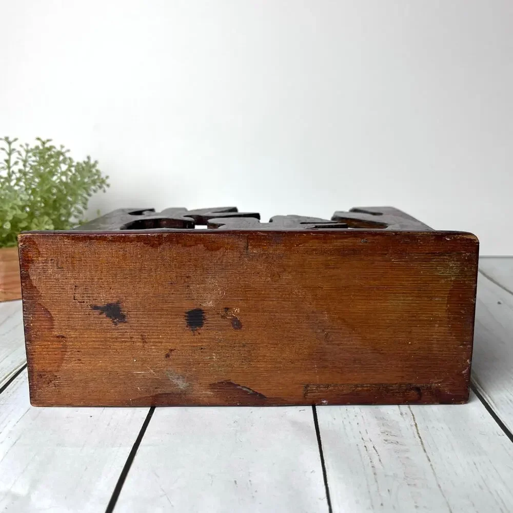 Vintage Hand Carved Wooden Desk Organizer Napkin Holder Rustic Woodland Nature